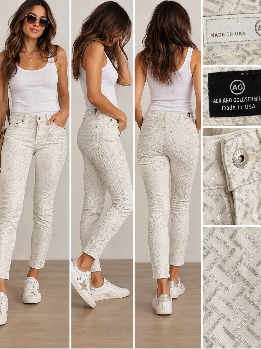 AG Women's Geometric white silver Skinny Jeans Like New